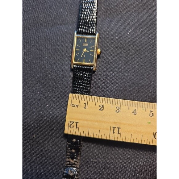 Citizens Quartz ladies rectangle black face goldtone black Leather 13mm Watch - Picture 7 of 11